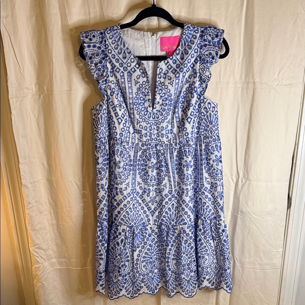 Lilly Pulitzer White and Blue Ruffle Sleeve Mini Dress